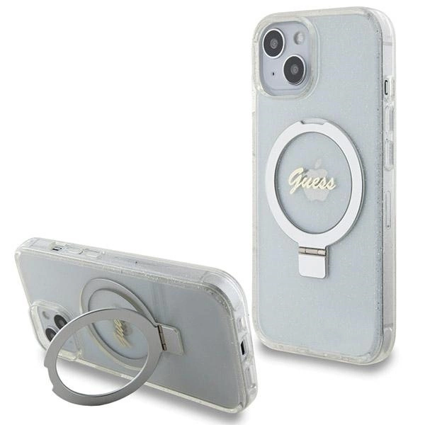 Guess Ring Stand Script Glitter MagSafe case for iPhone 15 / 14 / 13 - transparenteng
