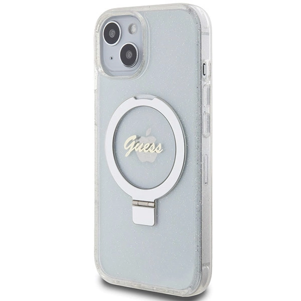 Guess Ring Stand Script Glitter MagSafe case for iPhone 15 / 14 / 13 - transparenteng