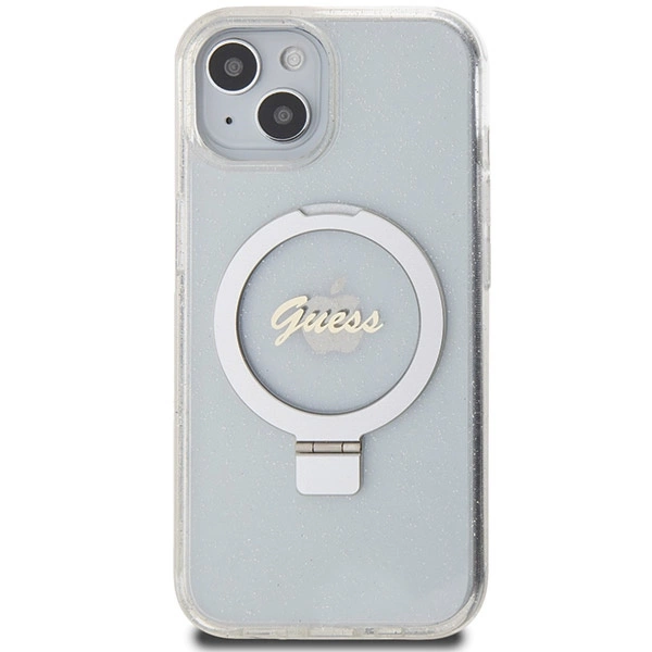 Guess Ring Stand Script Glitter MagSafe case for iPhone 15 / 14 / 13 - transparenteng