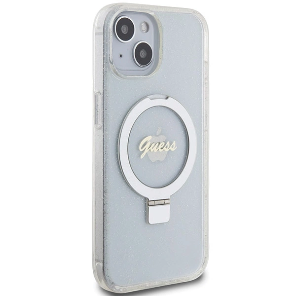 Guess Ring Stand Script Glitter MagSafe case for iPhone 15 / 14 / 13 - transparenteng