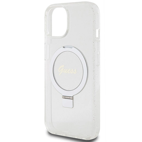 Guess Ring Stand Script Glitter MagSafe case for iPhone 15 / 14 / 13 - transparenteng