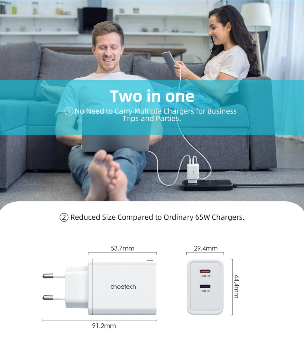 Choetech PD6013 2x USB-C PD 65W GaN wall charger - whiteeng