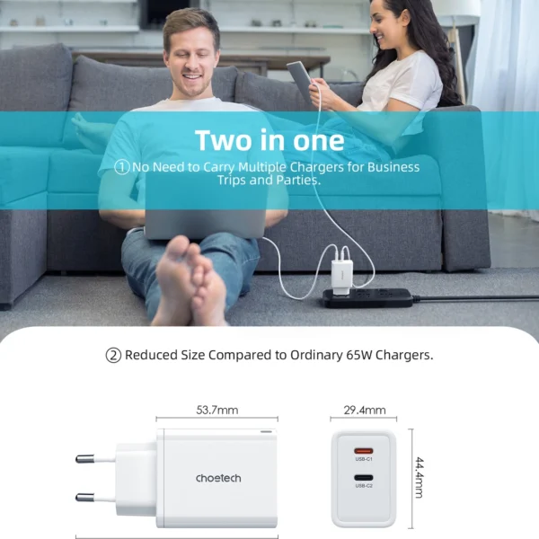 Choetech PD6013 2x USB-C PD 65W GaN wall charger - whiteeng