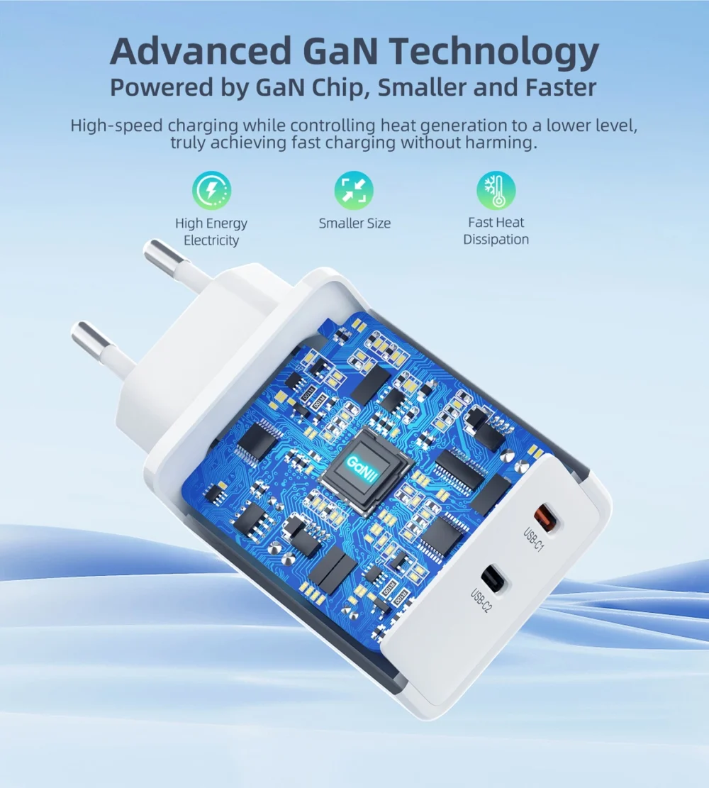 Choetech PD6013 2x USB-C PD 65W GaN wall charger - whiteeng