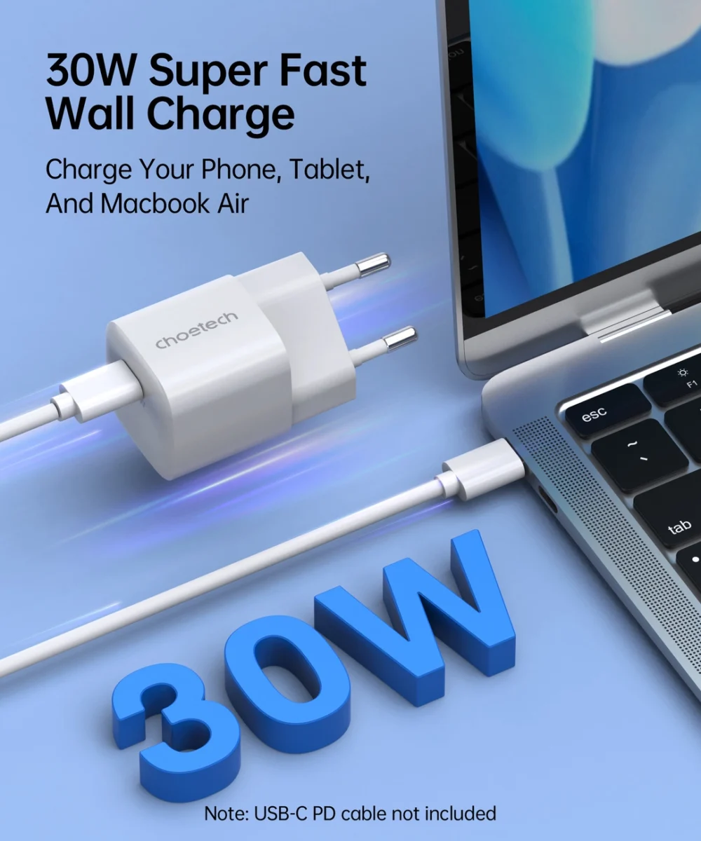 Choetech PD5007 USB-C PD 30W GaN wall charger - whiteeng