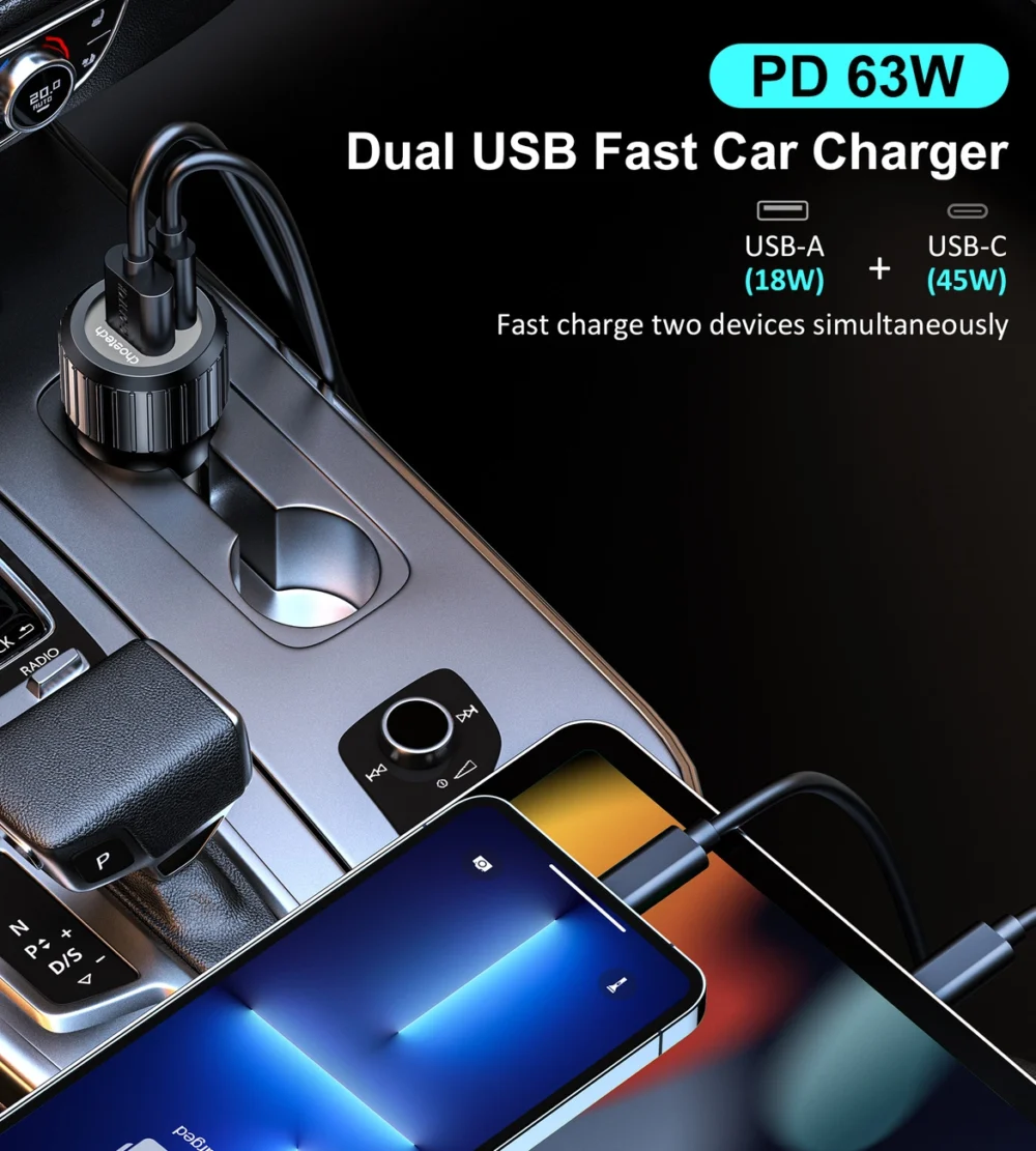 Choetech TC0010 USB-C USB-A PD 63W car charger - blackeng
