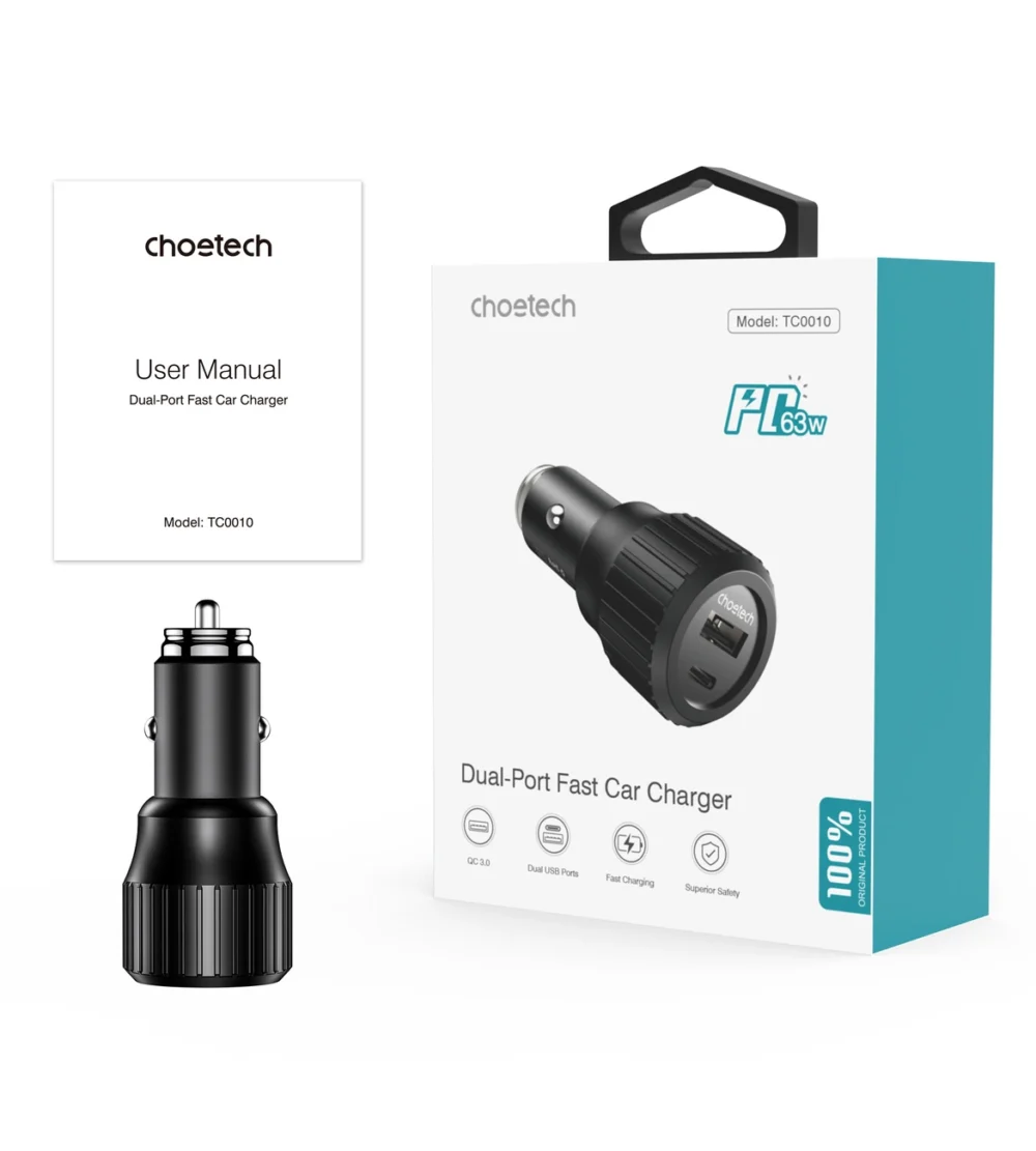 Choetech TC0010 USB-C USB-A PD 63W car charger - blackeng