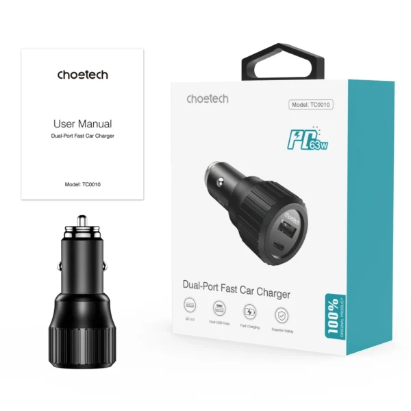 Choetech TC0010 USB-C USB-A PD 63W car charger - blackeng