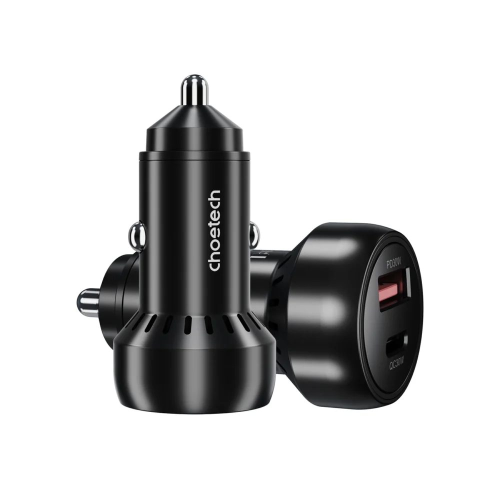 Choetech TC0014 USB-C USB-A PD 60W car charger with LED backlight - blackeng