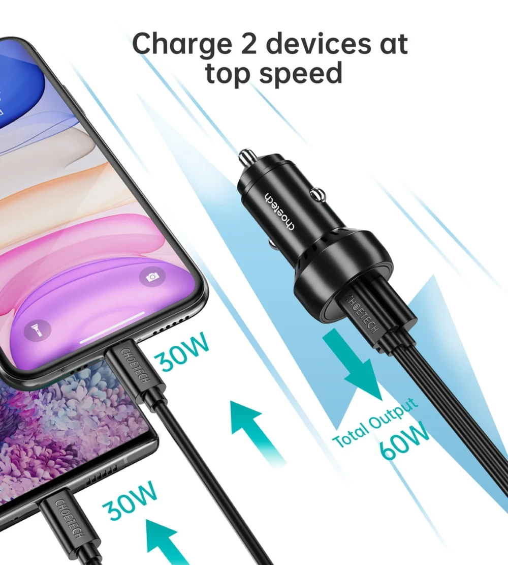Choetech TC0014 USB-C USB-A PD 60W car charger with LED backlight - blackeng