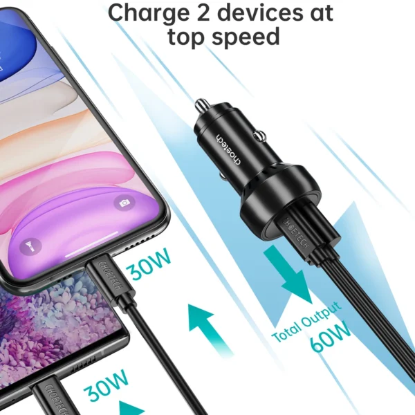 Choetech TC0014 USB-C USB-A PD 60W car charger with LED backlight - blackeng