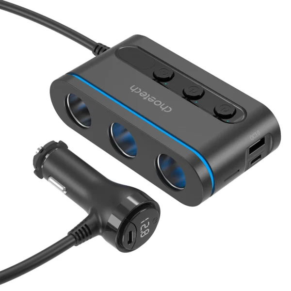Choetech TC0021 car charger 2x USB-C PD 1x USB-A QC 3x cigarette lighter socket - blackeng