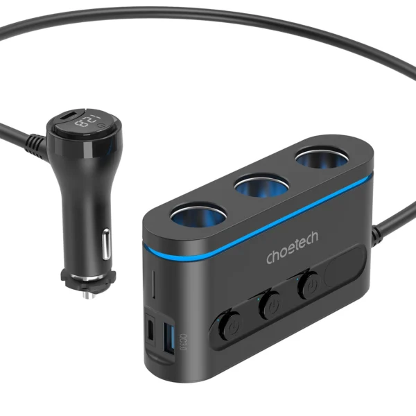 Choetech TC0021 car charger 2x USB-C PD 1x USB-A QC 3x cigarette lighter socket - blackeng