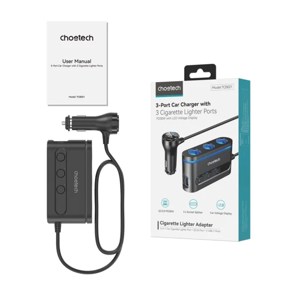 Choetech TC0021 car charger 2x USB-C PD 1x USB-A QC 3x cigarette lighter socket - blackeng