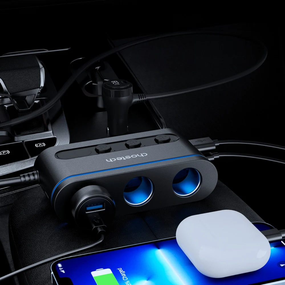 Choetech TC0021 car charger 2x USB-C PD 1x USB-A QC 3x cigarette lighter socket - blackeng