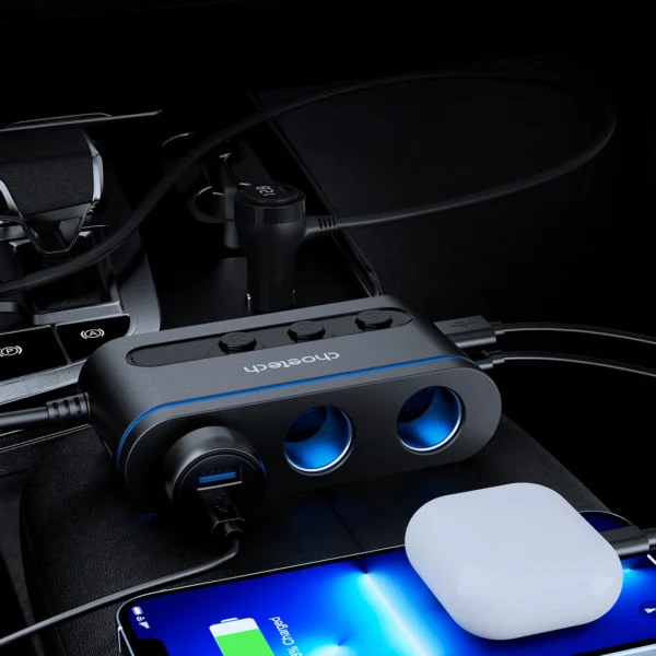 Choetech TC0021 car charger 2x USB-C PD 1x USB-A QC 3x cigarette lighter socket - blackeng