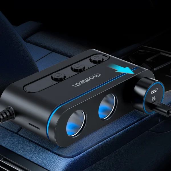 Choetech TC0021 car charger 2x USB-C PD 1x USB-A QC 3x cigarette lighter socket - blackeng
