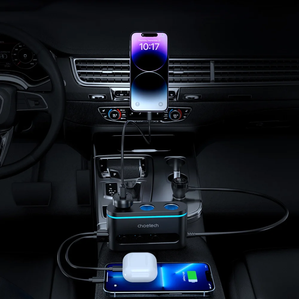 Choetech TC0021 car charger 2x USB-C PD 1x USB-A QC 3x cigarette lighter socket - blackeng