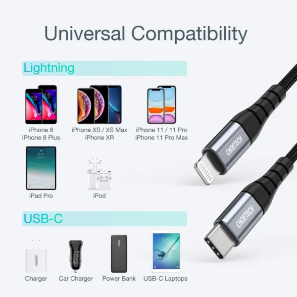 USB-C - Lightning Choetech IP0042 MFi cable 480Mb/s 3A 3m - blackeng