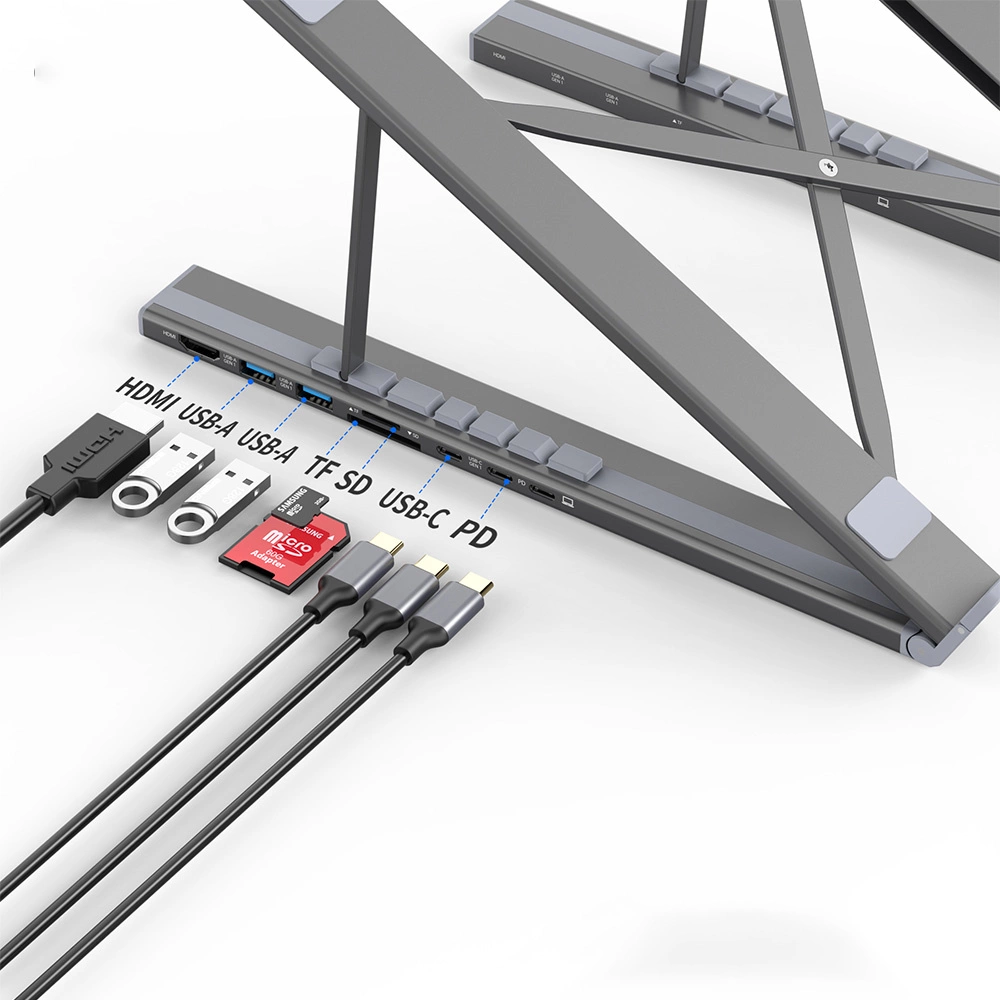 7in1 laptop stand Choetech HUB-M48 PD USB-C SD TF USB-A HDMI 100W + USB-C cable - grayeng
