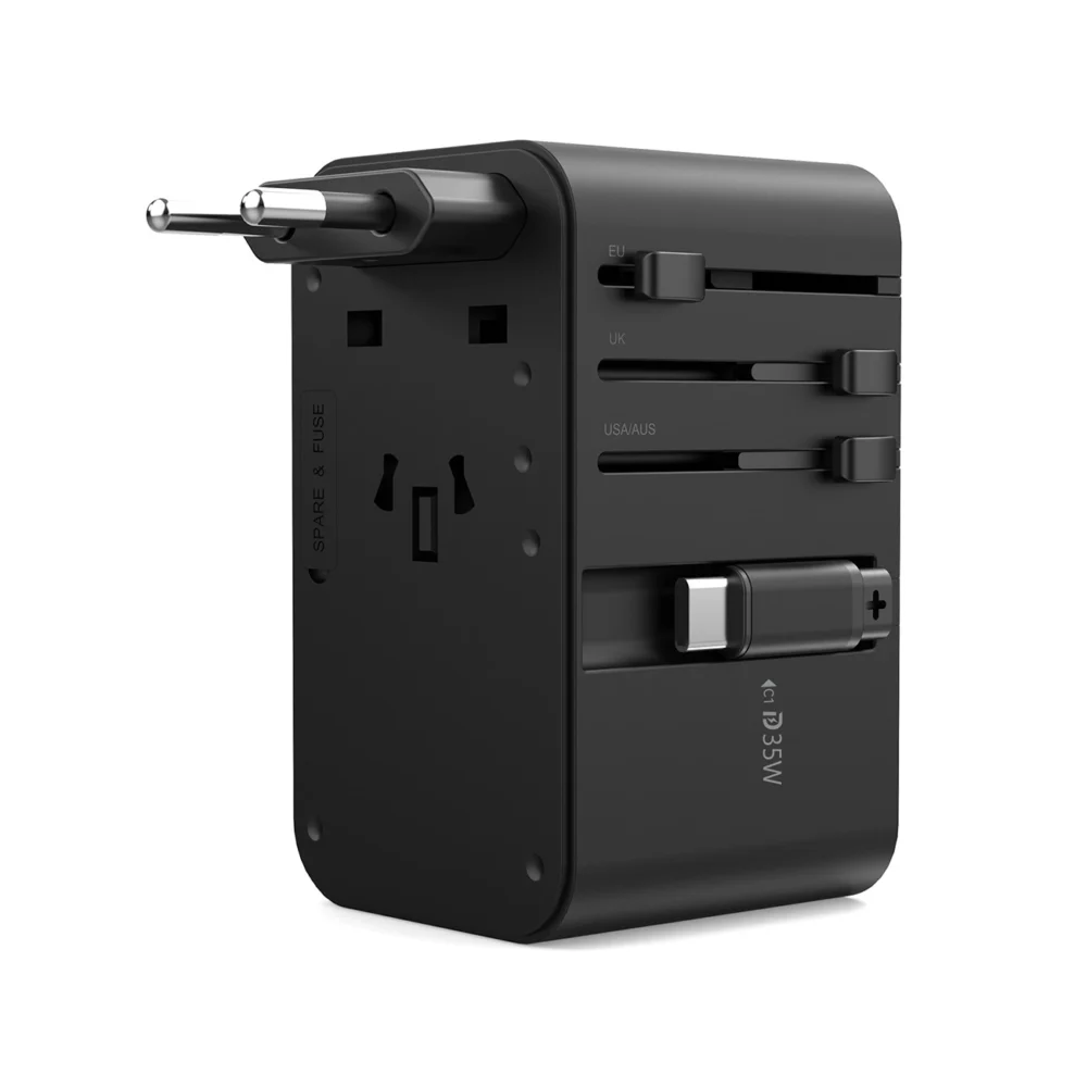 Choetech PD5020 35W EU/US/AUS/UK Travel Adapter with Built-in USB-C Cable - Blackeng