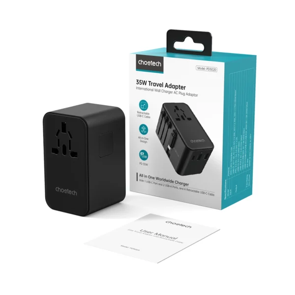 Choetech PD5020 35W EU/US/AUS/UK Travel Adapter with Built-in USB-C Cable - Blackeng
