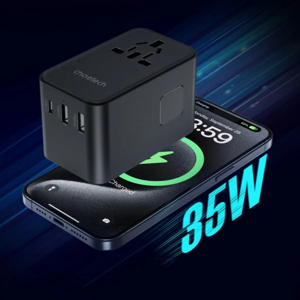 Choetech PD5020 35W EU/US/AUS/UK Travel Adapter with Built-in USB-C Cable - Blackeng