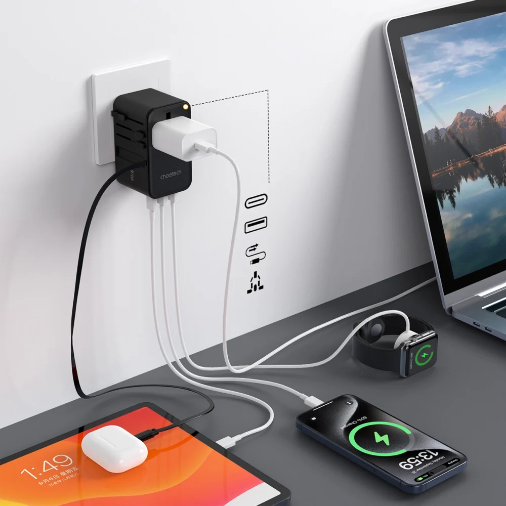 Choetech PD5020 35W EU/US/AUS/UK Travel Adapter with Built-in USB-C Cable - Blackeng