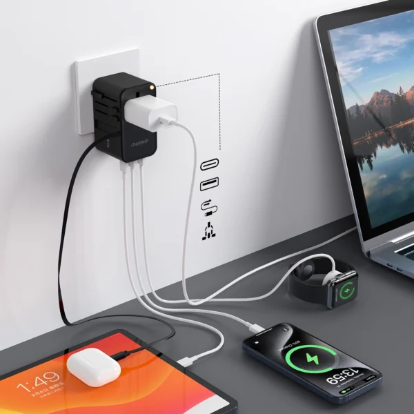 Choetech PD5020 35W EU/US/AUS/UK Travel Adapter with Built-in USB-C Cable - Blackeng