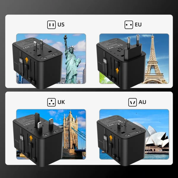 Choetech PD5020 35W EU/US/AUS/UK Travel Adapter with Built-in USB-C Cable - Blackeng