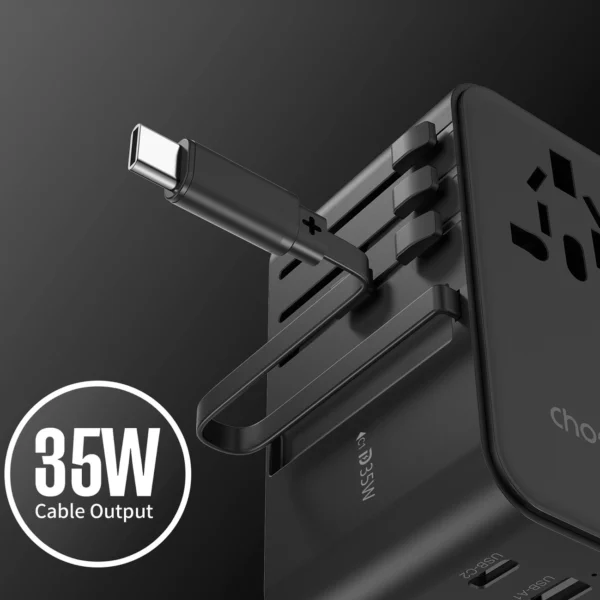 Choetech PD5020 35W EU/US/AUS/UK Travel Adapter with Built-in USB-C Cable - Blackeng