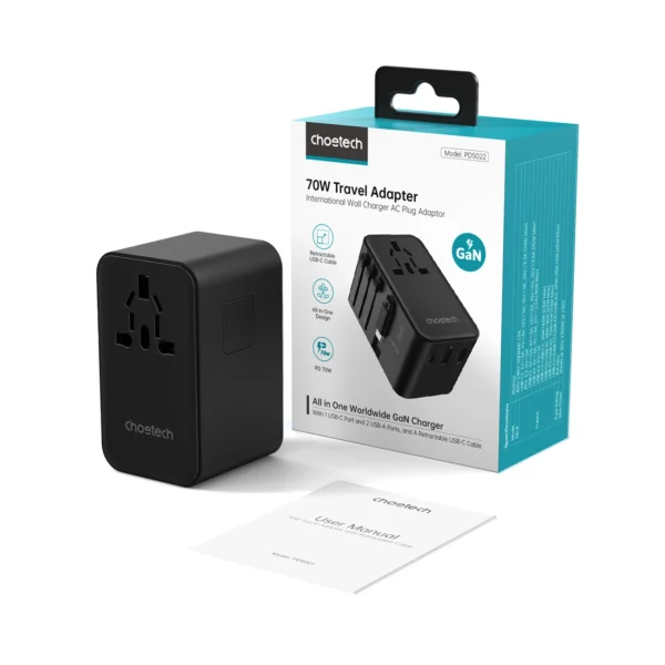 Choetech PD5022 70W EU/US/AUS/UK Travel Adapter with Built-in USB-C Cable - Blackeng