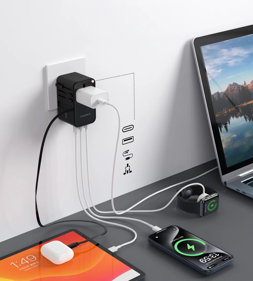 Choetech PD5022 70W EU/US/AUS/UK Travel Adapter with Built-in USB-C Cable - Blackeng