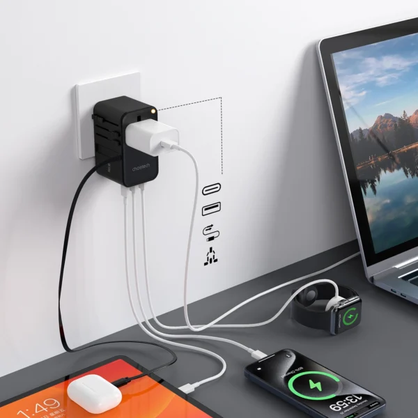 Choetech PD5022 70W EU/US/AUS/UK Travel Adapter with Built-in USB-C Cable - Blackeng