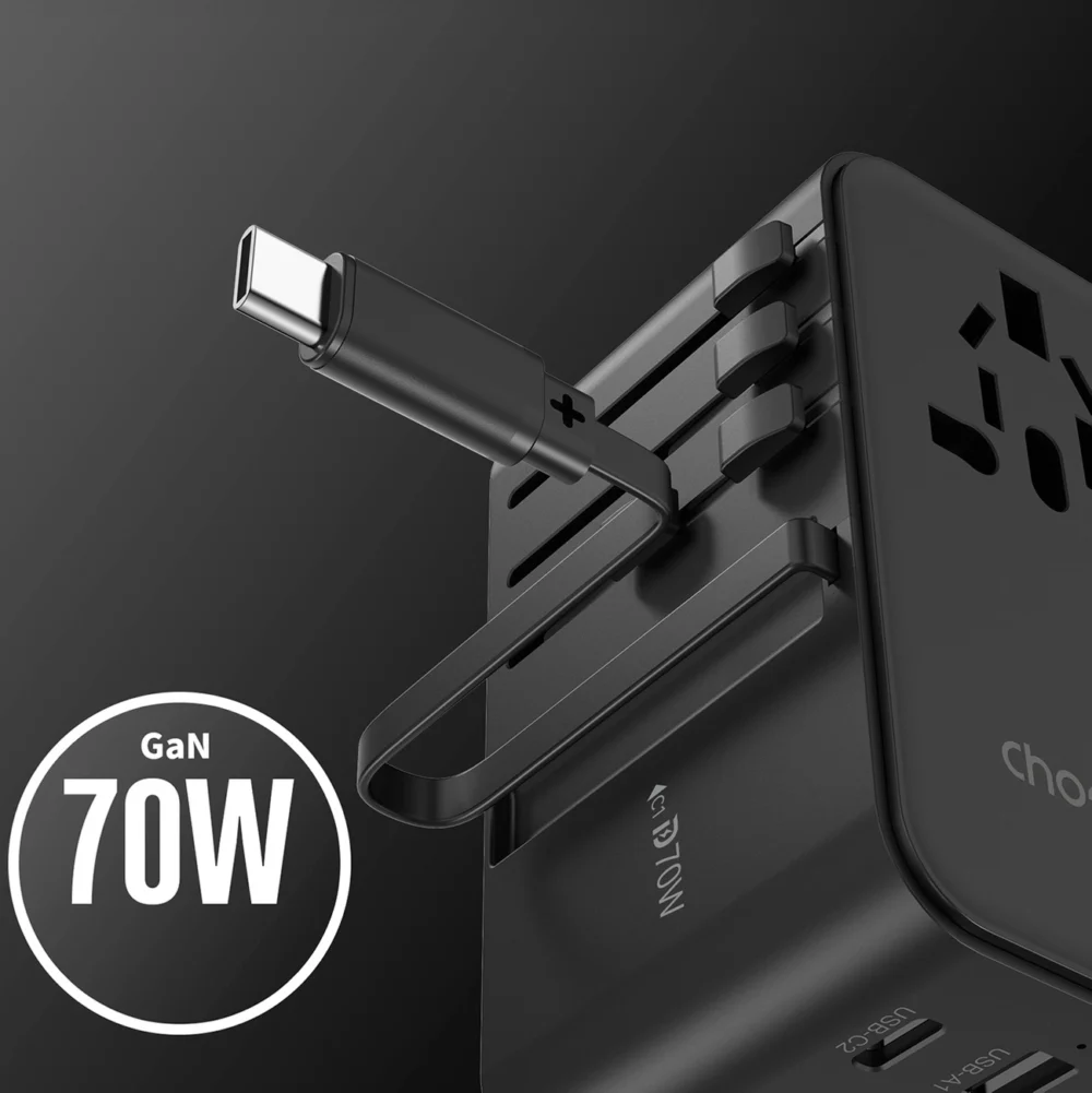 Choetech PD5022 70W EU/US/AUS/UK Travel Adapter with Built-in USB-C Cable - Blackeng