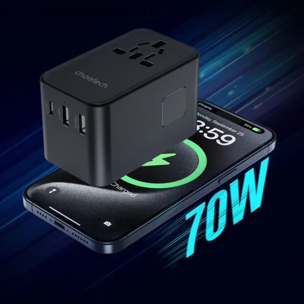 Choetech PD5022 70W EU/US/AUS/UK Travel Adapter with Built-in USB-C Cable - Blackeng
