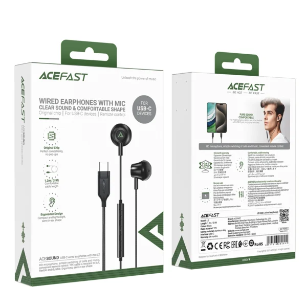 Acefast L2 in-ear headphones with USB-C connector, microphone and remote control 1.2 m - blackeng