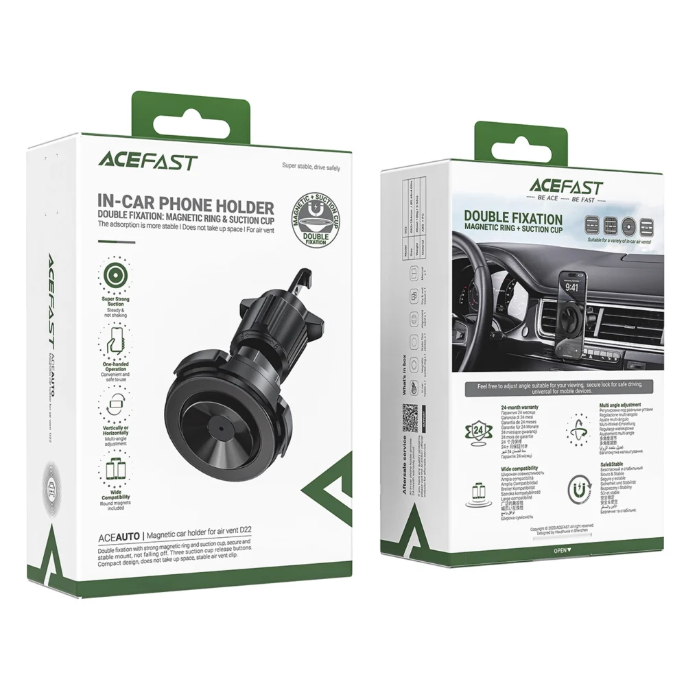 Acefast D22 magnetic car holder with suction cup for phone for air vent - blackeng