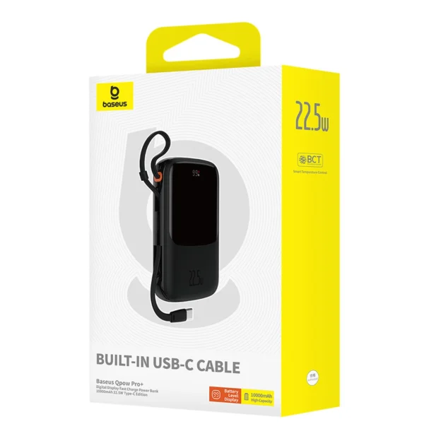 Baseus Qpow Pro+ 10000mAh 22.5W powerbank with built-in USB-C cable and display - blackeng