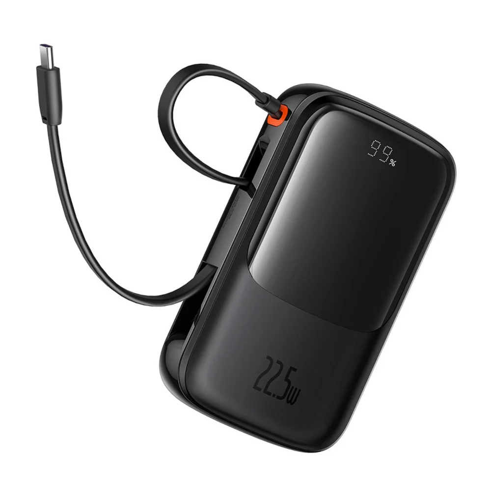 Baseus Qpow Pro+ 10000mAh 22.5W powerbank with built-in USB-C cable and display - blackeng