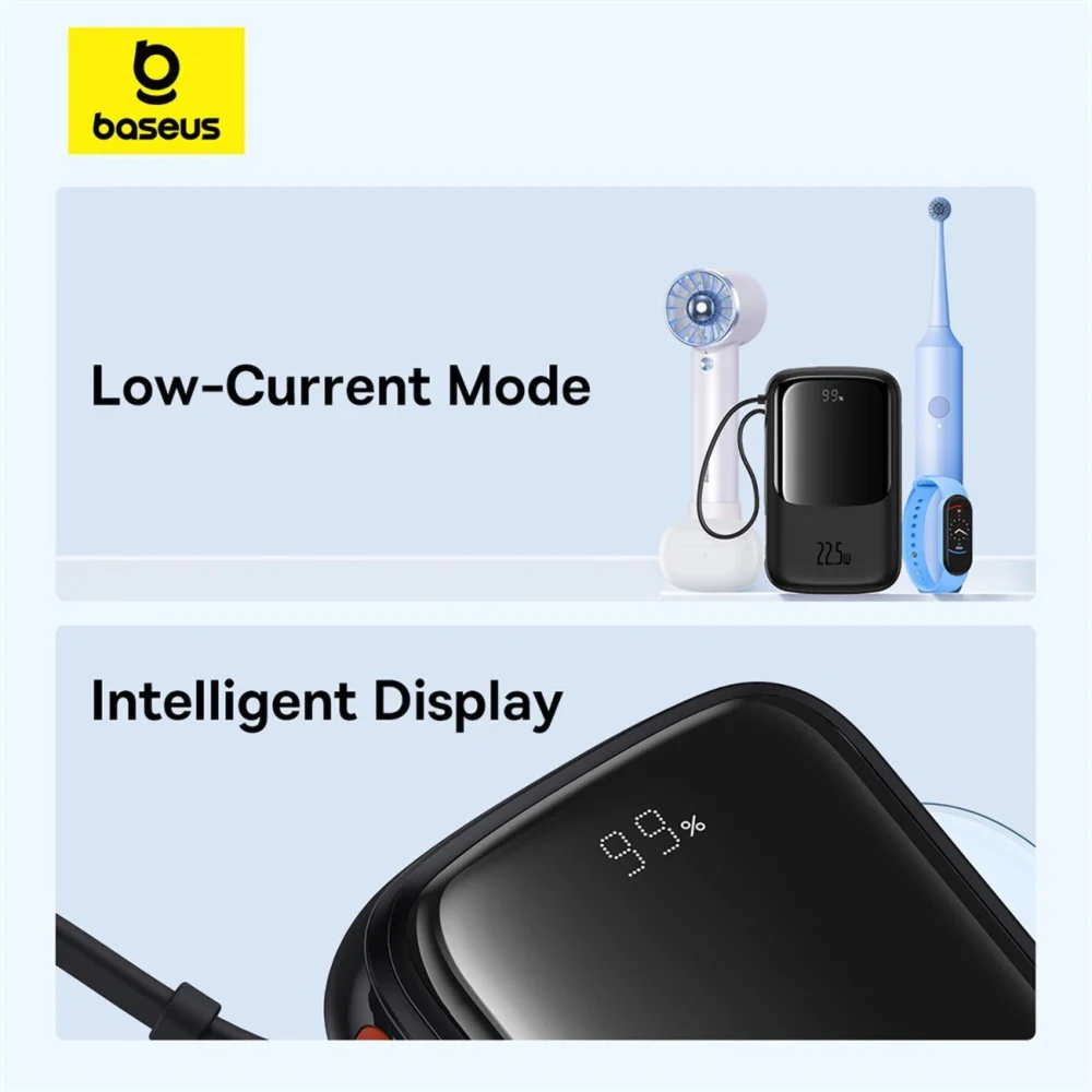 Baseus Qpow Pro+ 10000mAh 22.5W powerbank with built-in USB-C cable and display - blackeng