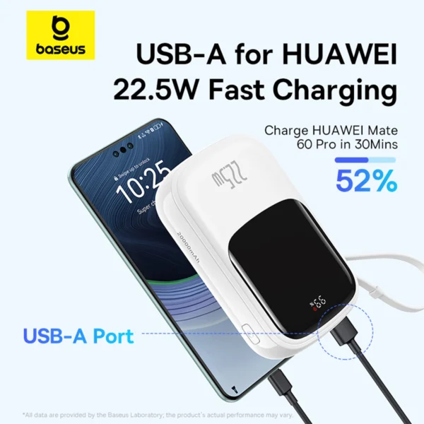 Baseus Qpow Pro+ 20000mAh 22.5W powerbank with built-in USB-C cable and display - whiteeng