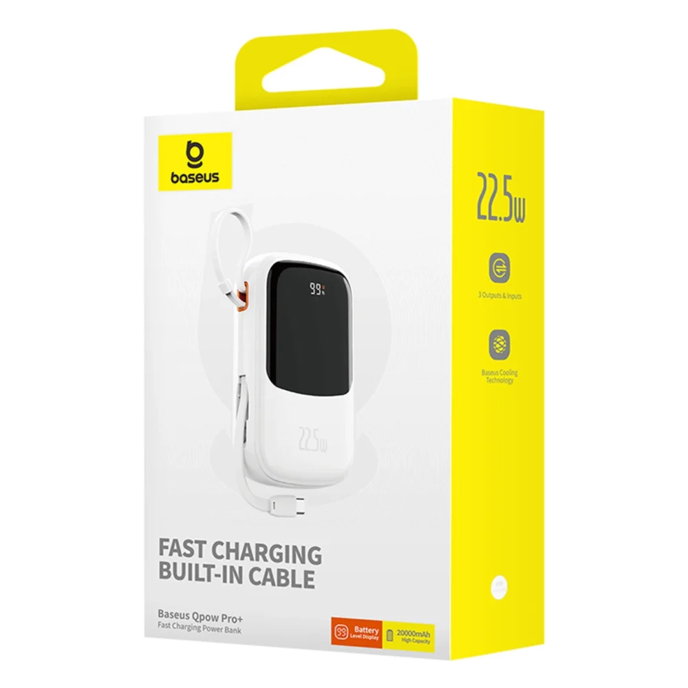 Baseus Qpow Pro+ 20000mAh 22.5W powerbank with built-in USB-C cable and display - whiteeng