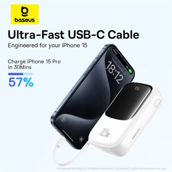 Baseus Qpow Pro+ 20000mAh 22.5W powerbank with built-in USB-C cable and display - whiteeng