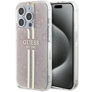 Guess IML 4G Gold Stripe case for iPhone 15 Pro - pinkeng