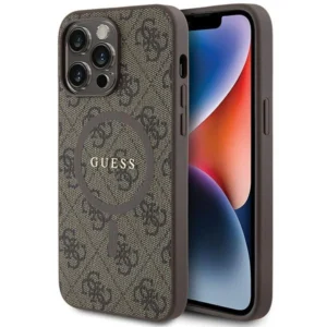Guess 4G Collection Leather Metal Logo MagSafe Case for iPhone 13 Pro Max - Browneng