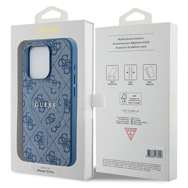 Guess 4G Collection Leather Metal Logo MagSafe Case for iPhone 14 Pro - Blueeng