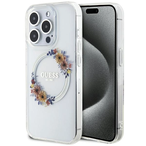 Guess IML Flowers Wreatch MagSafe case for iPhone 15 Pro - transparenteng