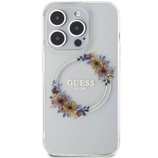Guess IML Flowers Wreatch MagSafe case for iPhone 15 Pro - transparenteng