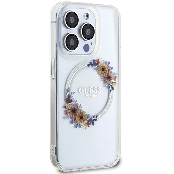 Guess IML Flowers Wreatch MagSafe case for iPhone 15 Pro - transparenteng